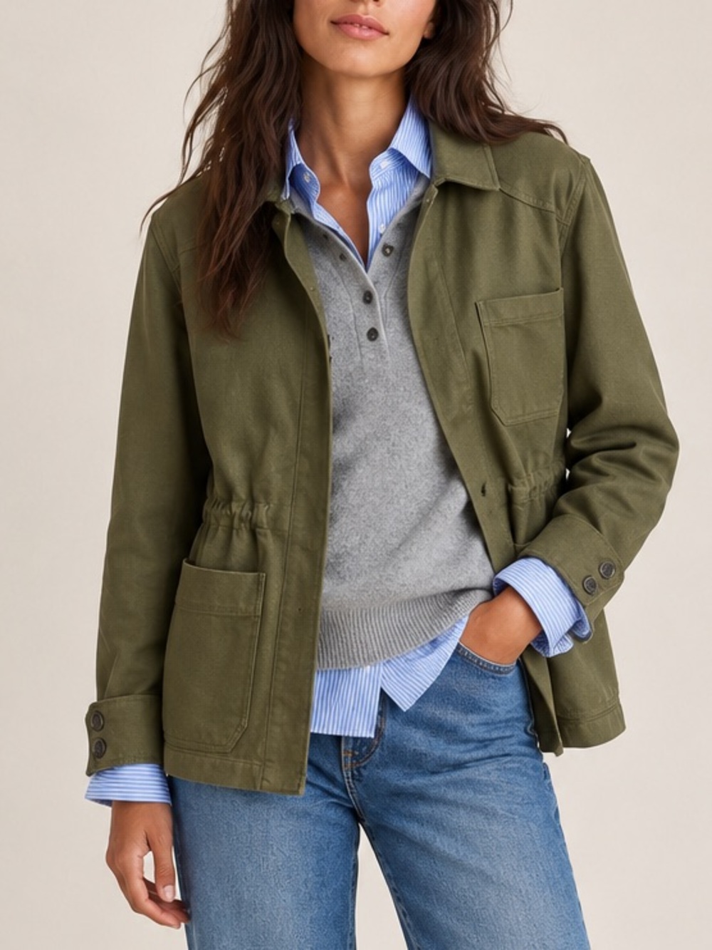 Amour Vert Olive Green Utility Jacket Drawstring Waist Safari Chore Jacket M